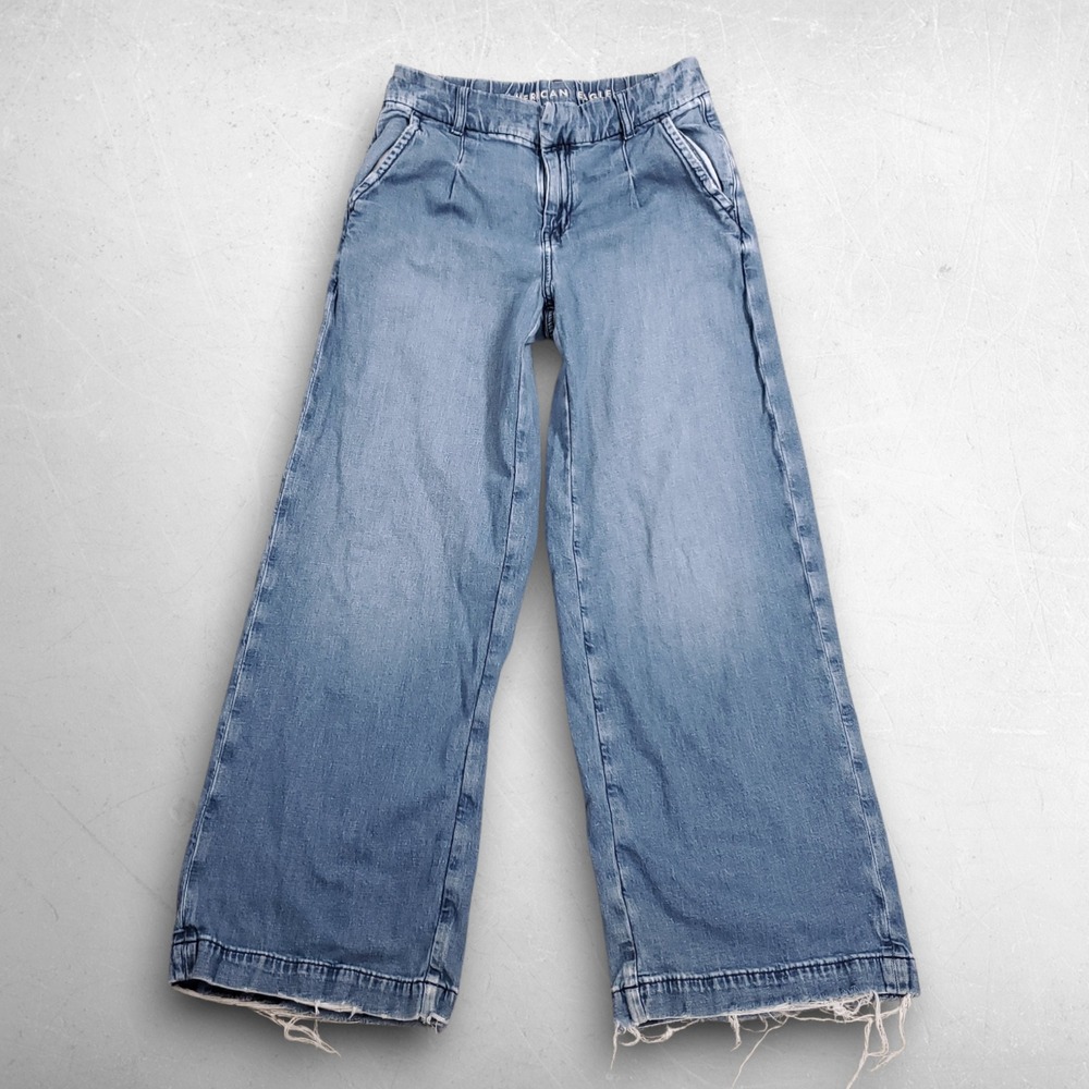 American Eagle Dreamy Drape Baggy Wide‎ Leg Jeans Women 00 Short Blue Linen VP